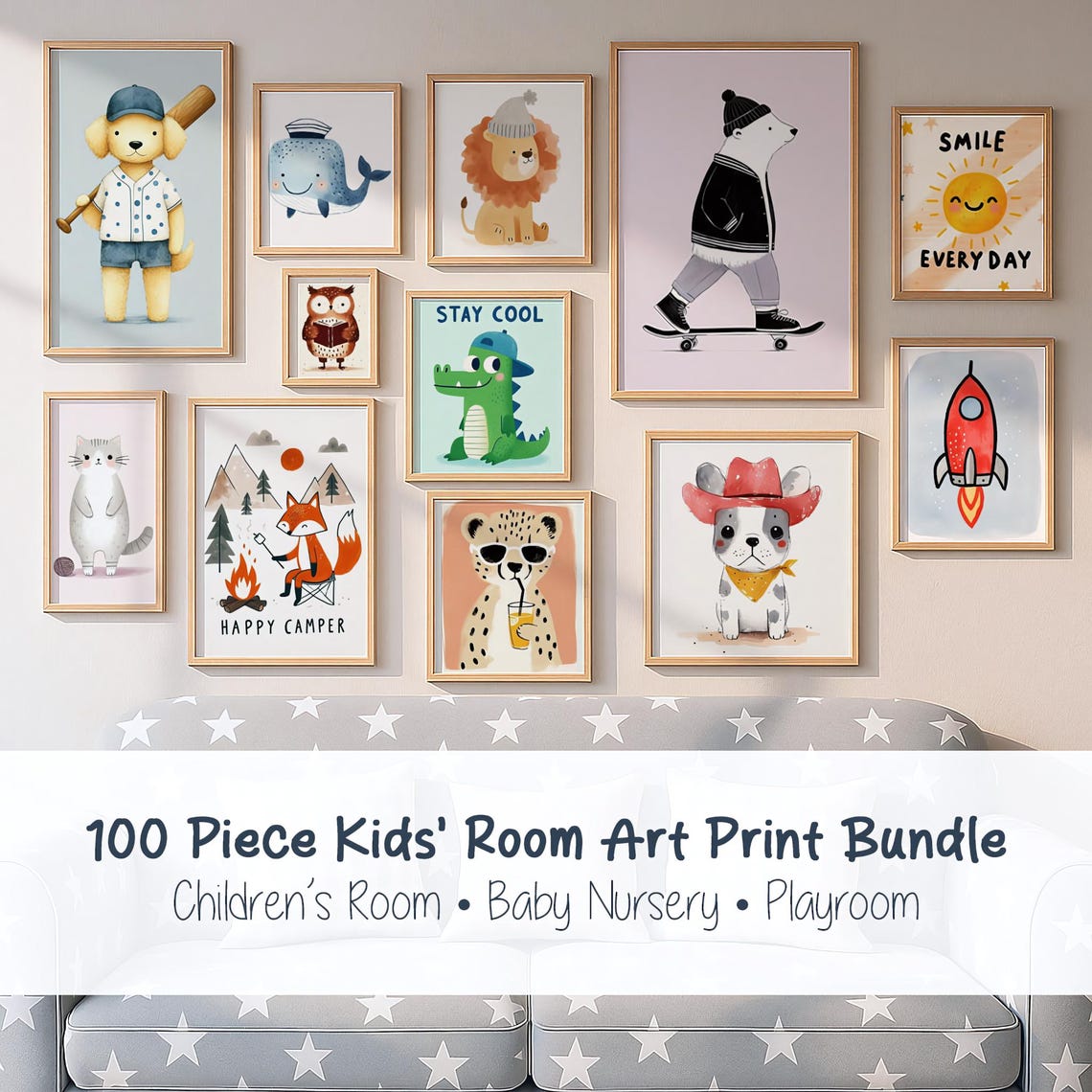 Kids Room Wall Art Bundle 100 Animal Prints Nursery Decor Childrens
