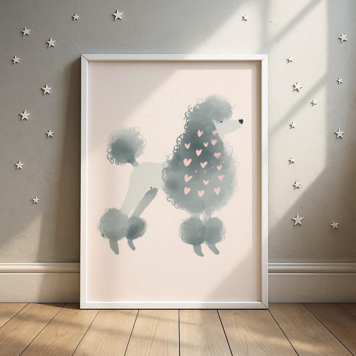Pastel Gray Poodle Print Watercolor Illustration Nursery Room Decor