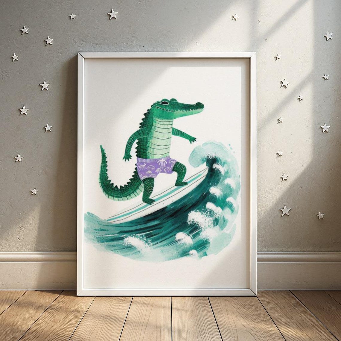 Alligator Surfing Wave Wall Art Dynamic Animal Nursery Print Kids Room Decor