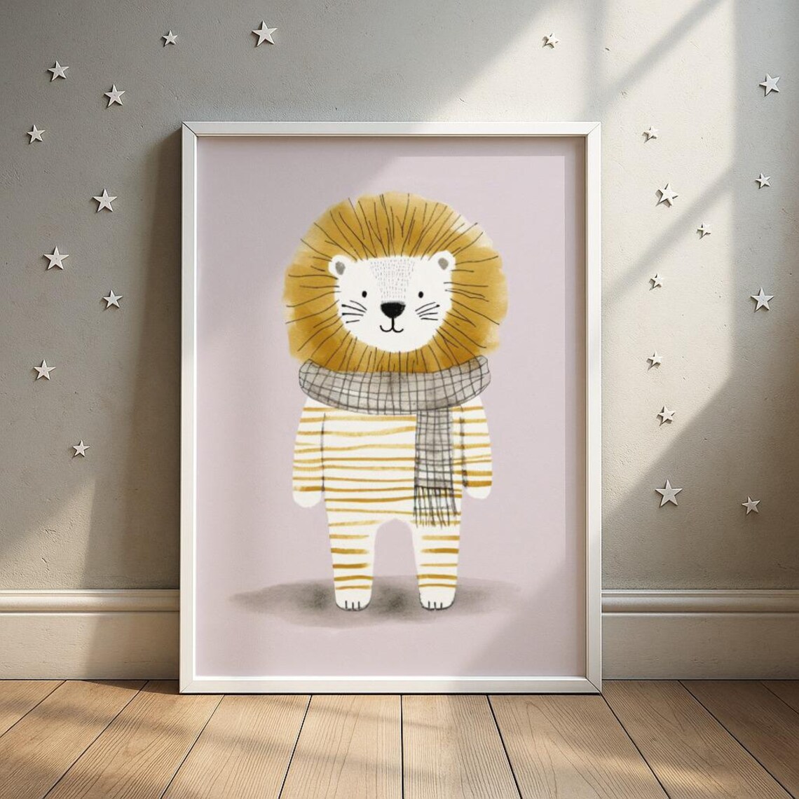 Sweet Lion Cub In Golden Striped Onesie And Checkered Scarf Nursery Poster