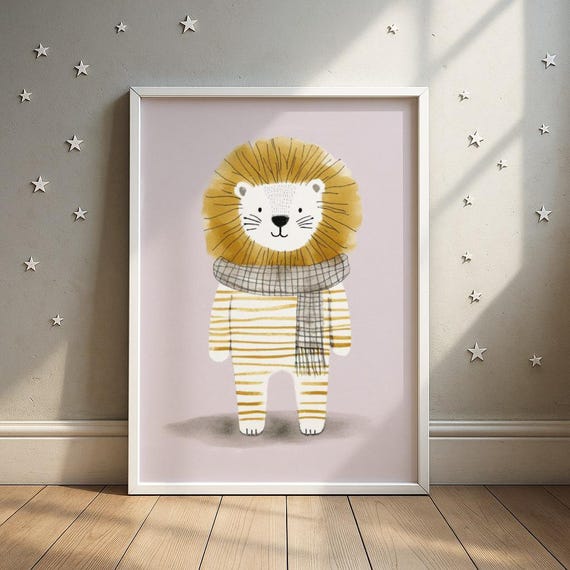 Cute Striped Lion Print Adorable Cub In Scarf Illustration Nursery Room Decor