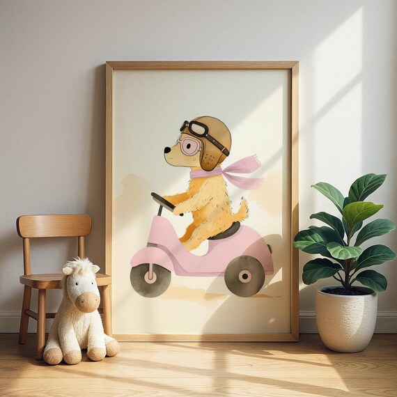 Scooter Puppy in Aviator Helmet Riding Pink Scooter Dog Nursery Poster