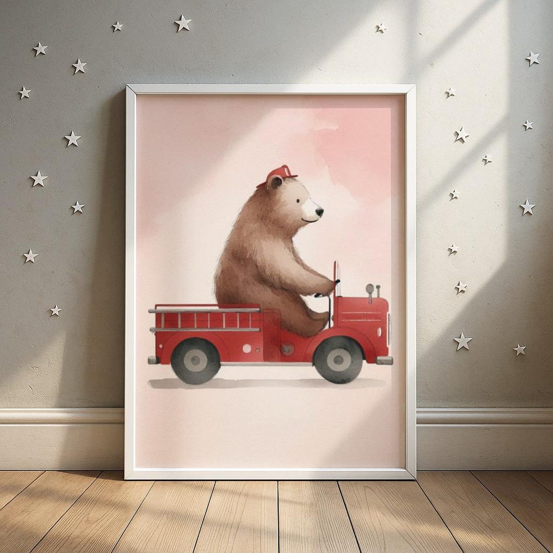 Brown Bear Firefighter Riding Red Firetruck Kids Room Poster