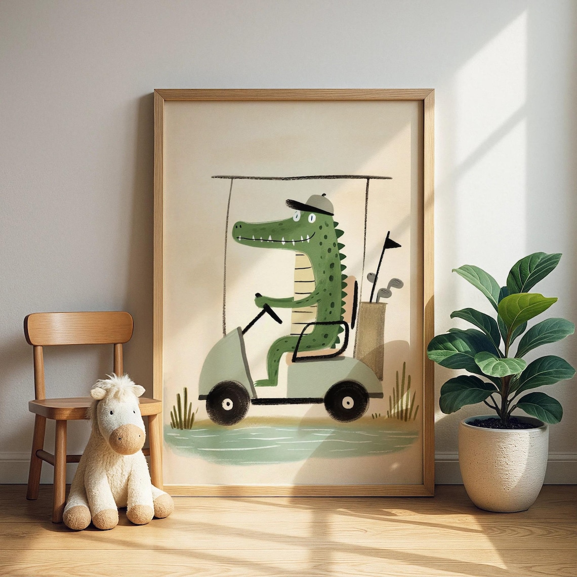 Golf Cart Alligator Art Print, Whimsical Nursery Decor