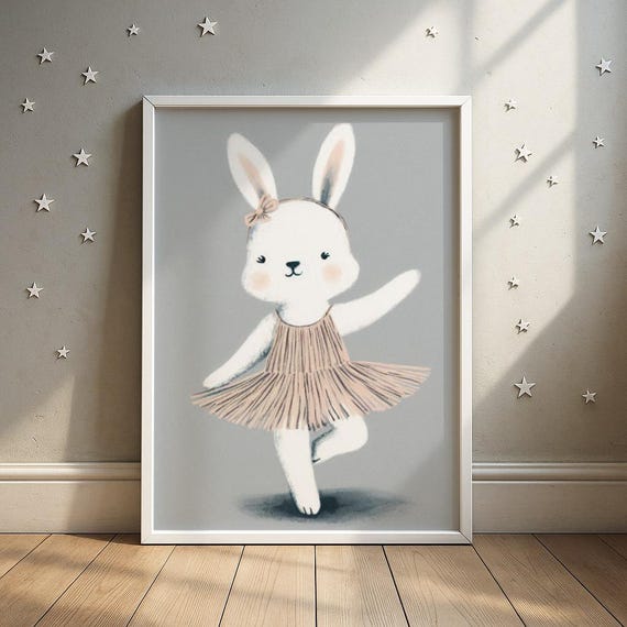 Fringe Dress Dancing Bunny Print Ballet Rabbit In Pink Illustration Toddler Room Decor