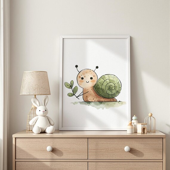 Cute Smiling Garden Snail Holding Leaf Watercolor Nursery Poster