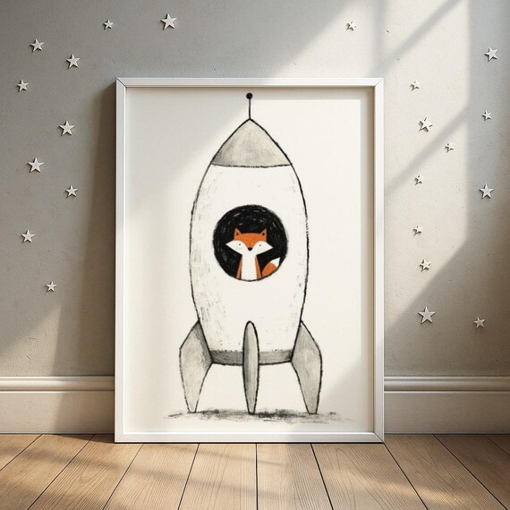Fox Explorer Peeking From Rocket Ship Space Adventure Kids Poster