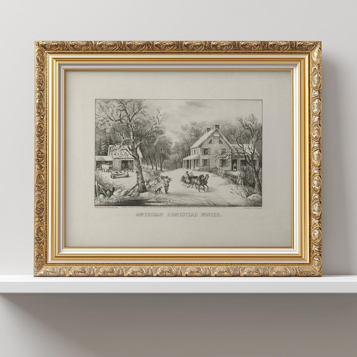 American Homestead Winter Vintage Farmhouse Engraving Scene Poster