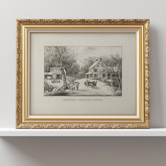 American Homestead Winter Vintage Farmhouse Engraving Scene Poster