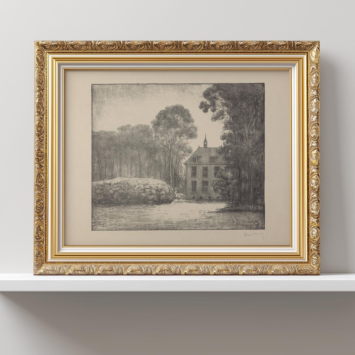 Moody European Manor House Vintage Charcoal Sketch Art Poster