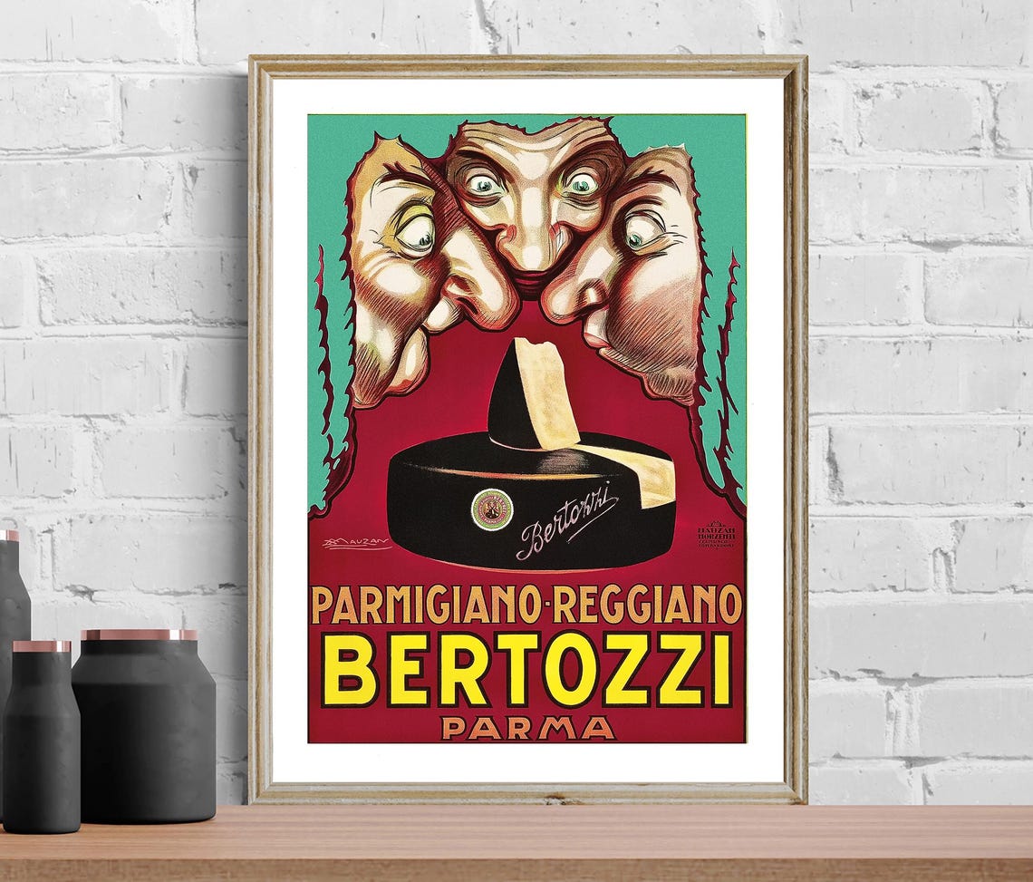 Bertozzi Parmigiano Reggiano Cheese Wheel Faces Vintage Poster - Image 2