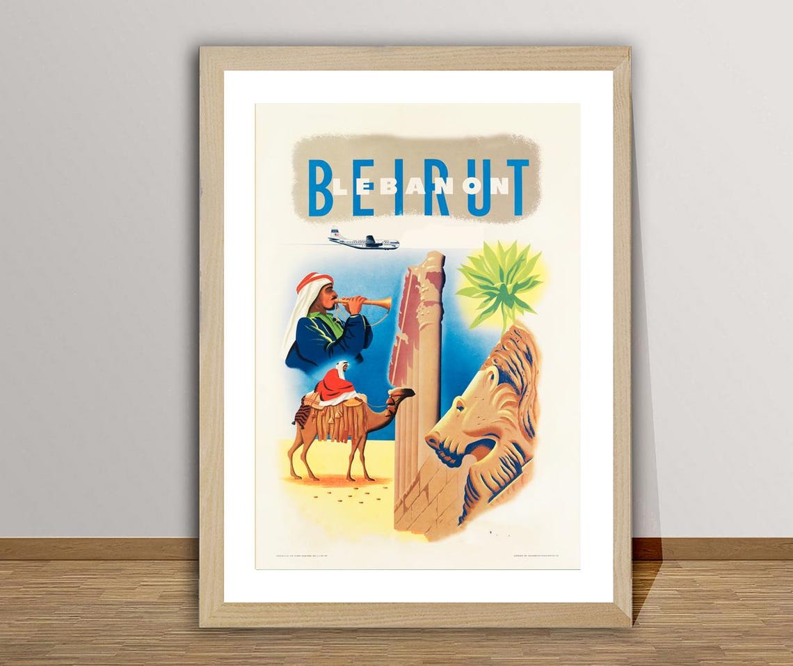 Beirut Lebanon Camel Ancient Ruins Desert Air Vintage Travel Poster