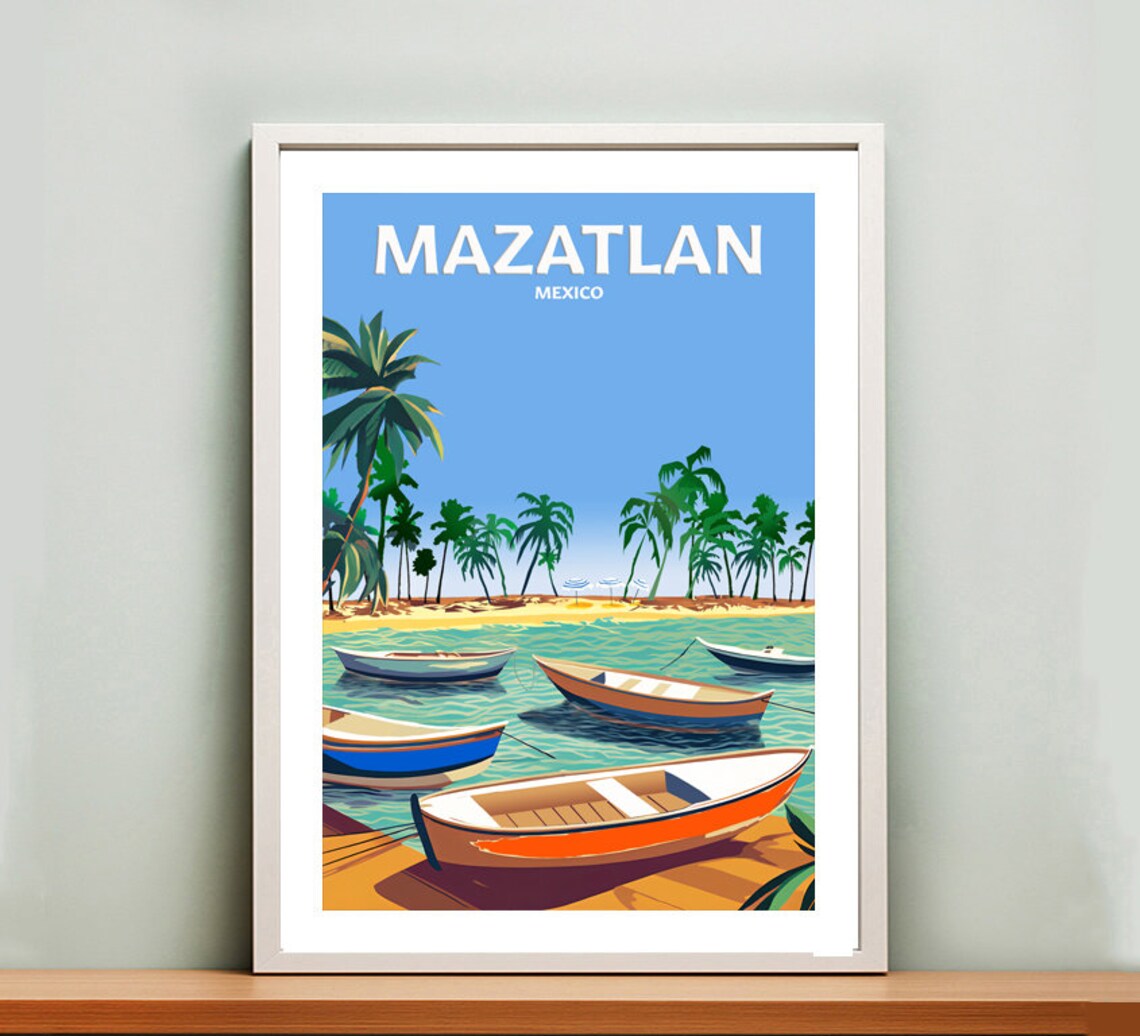 Mazatlan Mexico Fishing Boats Palm Shore Vintage Beach Travel Poster - Image 3