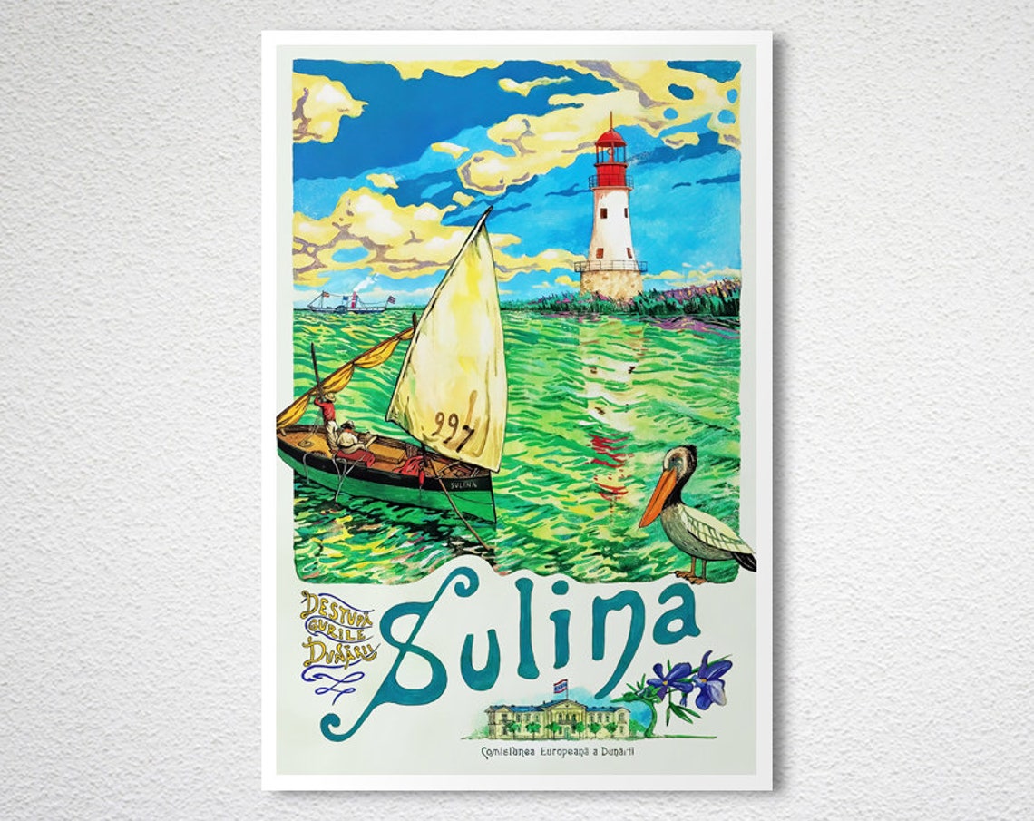 Sulina Romania Danube Delta Lighthouse Sailboat Pelican Vintage Poster - Image 2