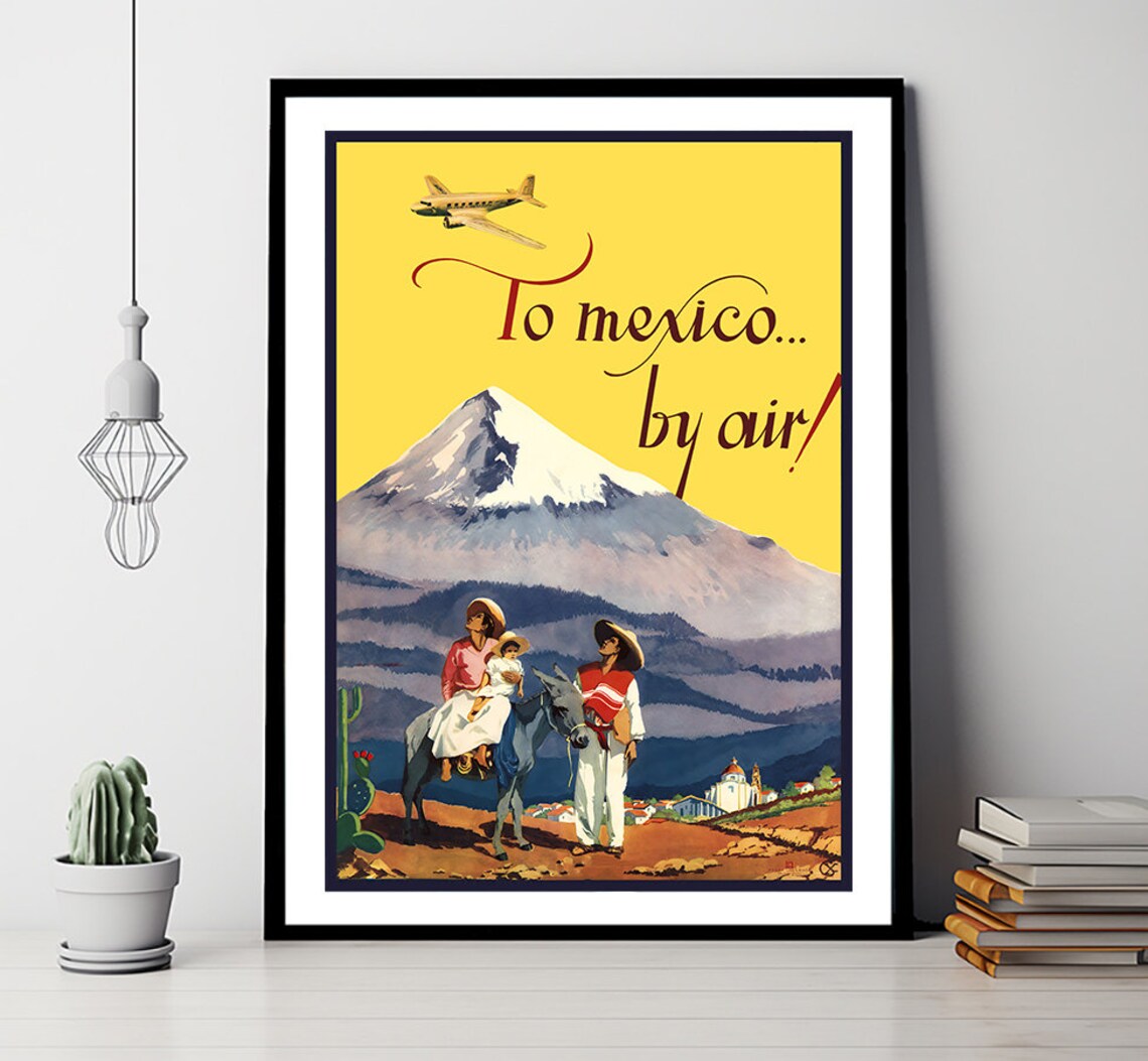 To Mexico by Air Vintage Travel Poster with Volcano and Family Donkey - Image 2