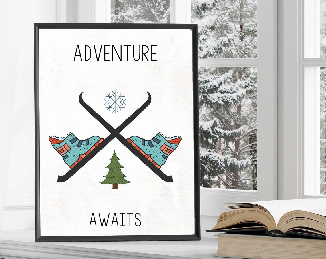 Adventure Awaits Retro Crossed Skis Boots Snowflake Ski Lodge Poster