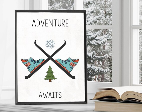 Adventure Awaits Retro Crossed Skis Boots Snowflake Ski Lodge Poster