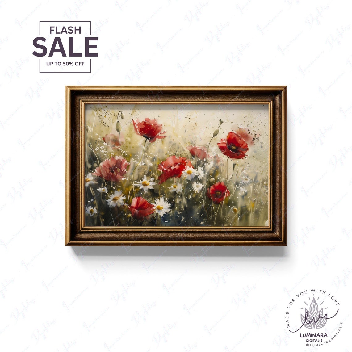 Watercolor Red Poppies And Daisies On A Soft Cream Background Poster - Image 2