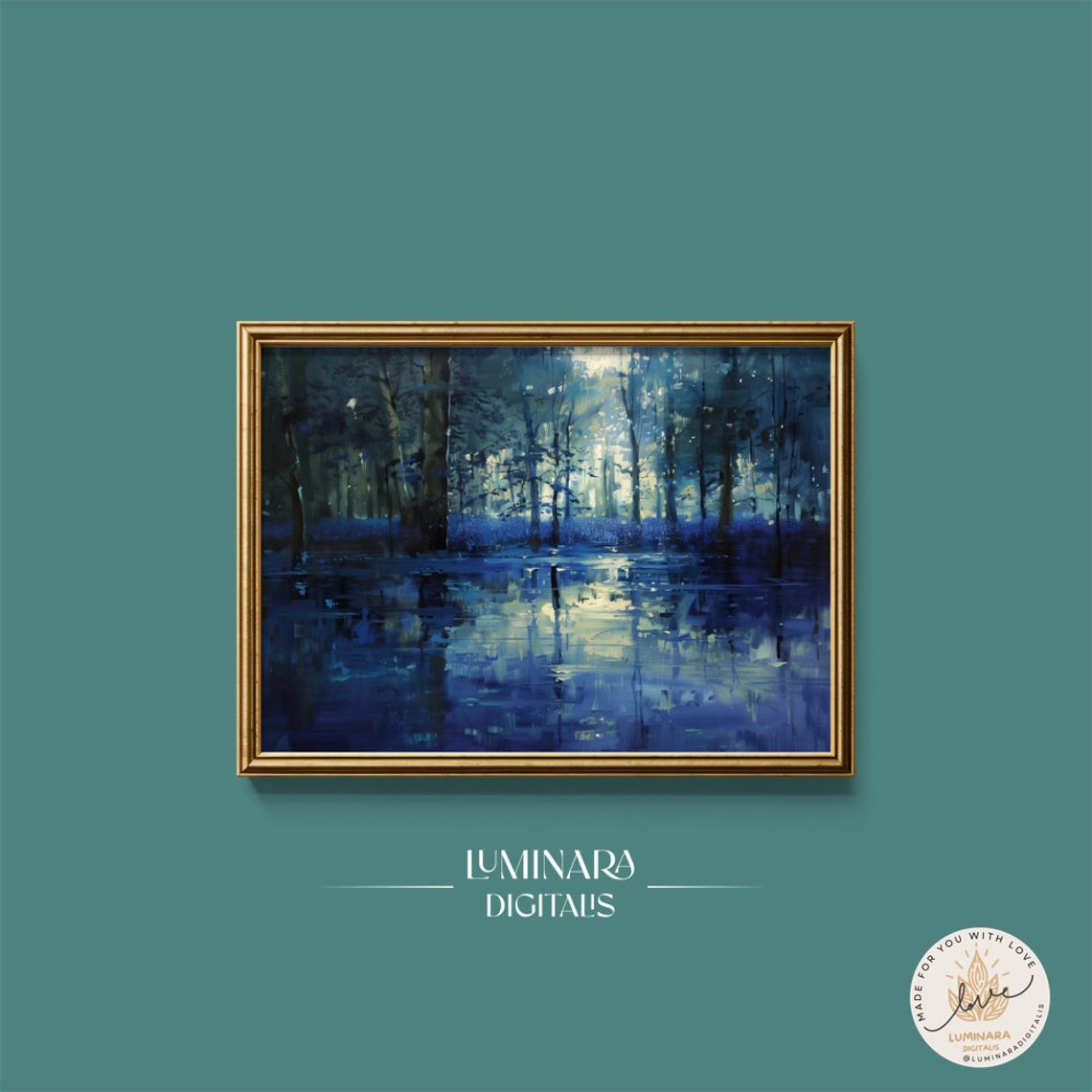 Wall Art Bluebell Forest Moonlight Painting Enchanted Nature Scene Wall Art Decor Art Print