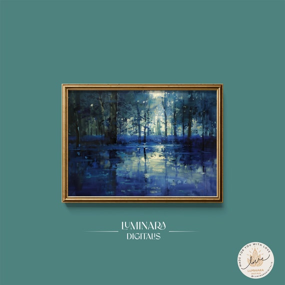 Wall Art Bluebell Forest Moonlight Painting Enchanted Nature Scene Wall Art Decor Art Print