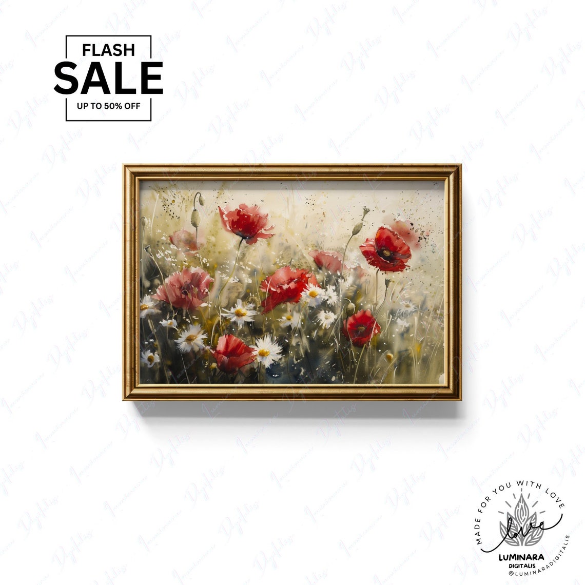 Spring Blossom Red Poppies With Daisies Watercolor Floral Poster - Image 3