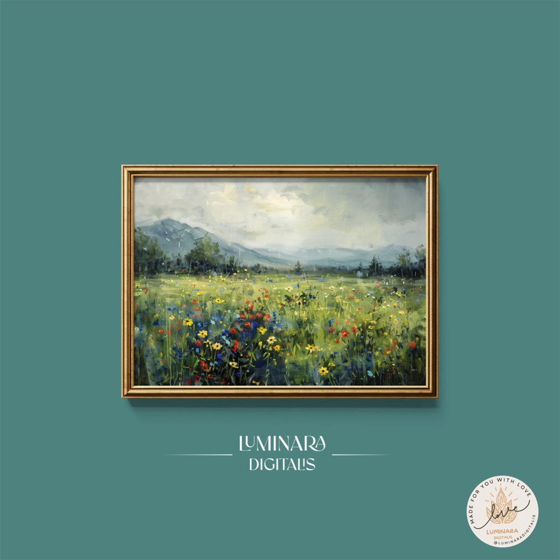 Rainy Meadow Of Wildflowers Beneath Misty Mountains Art Print