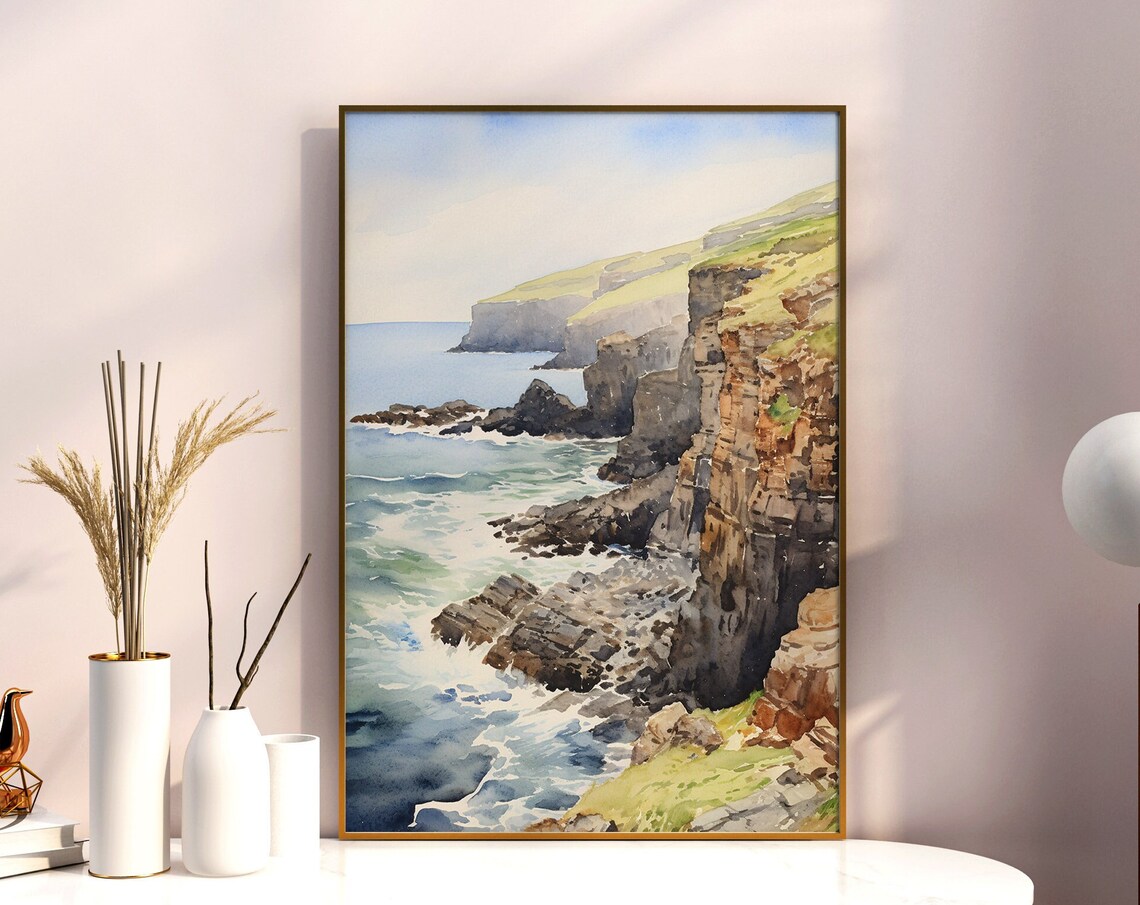 Rocky Coastal Cliffs Watercolor Seascape Ocean Shore Art Poster