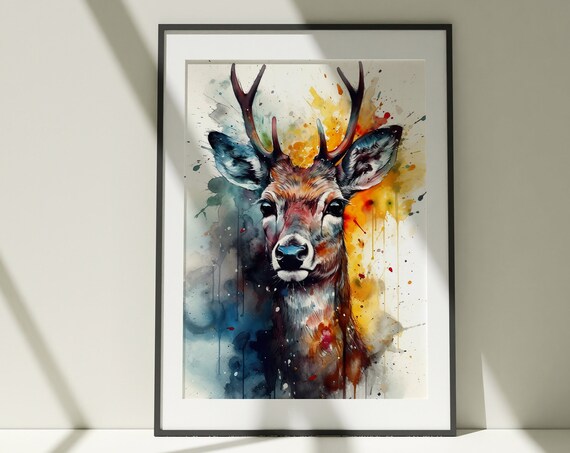Stag Deer Watercolor Portrait Colorful Woodland Animal Art Poster