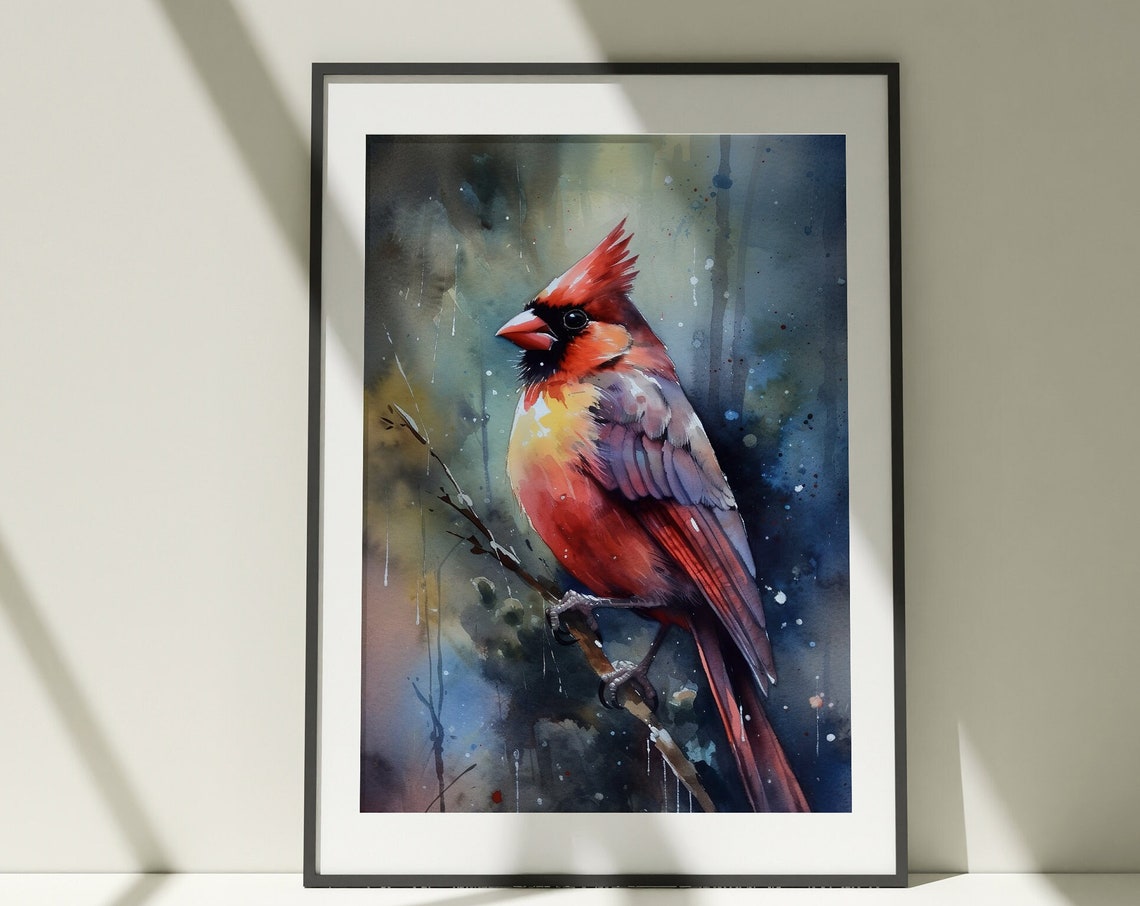 Red Cardinal Bird Watercolor Perched Winter Songbird Art Poster