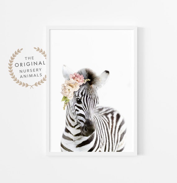 Baby Zebra Floral Crown Print Safari Nursery Art