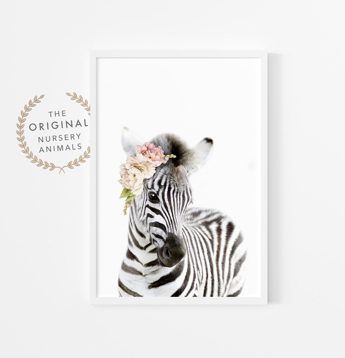 Baby Zebra Flower Crown Safari Nursery Floral Animal Wall Print