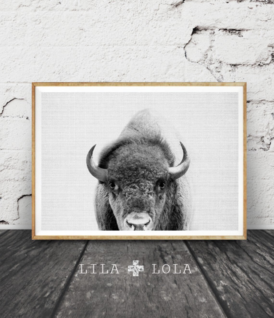 Black And White Bison Print, Minimalist Landscape