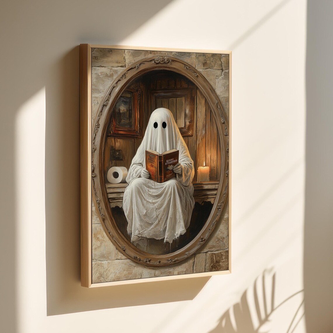 Cute Ghost Reading Book In Mirror Rustic Whimsical Halloween Spooky Poster