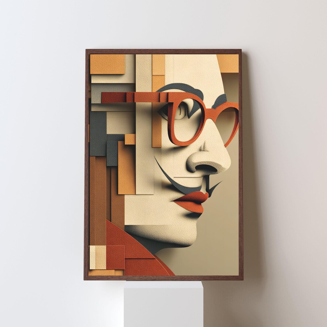 Abstract Geometric Woman Face Red Glasses Cubist Modern Art Poster