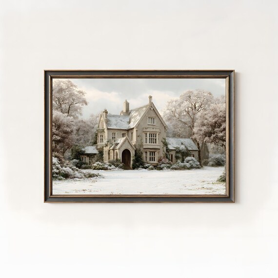 Winter Manor Painting Snowy Gothic Revival House Art Landscape 911