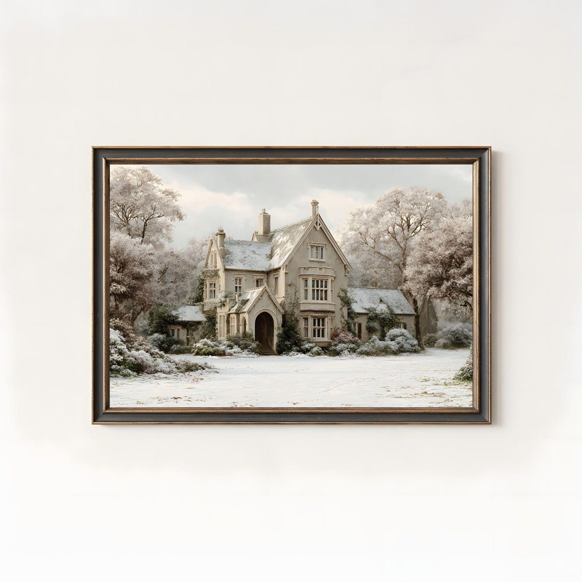 Winter Manor Painting Snowy Gothic Revival House Art Landscape 911