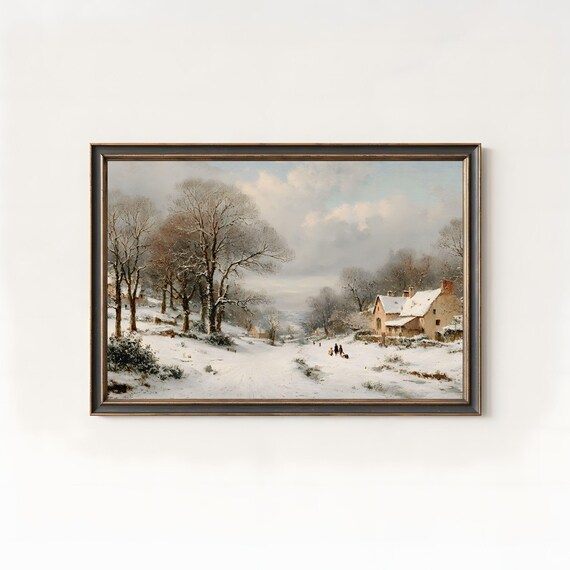 Winter Village Snowy Road Bare Trees Cottage Classic Landscape Art Poster