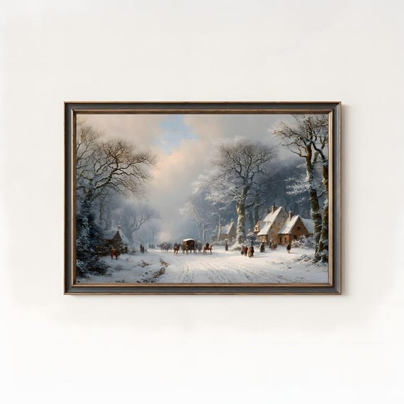 Winter Village Oil Painting, Snowy Christmas Scene