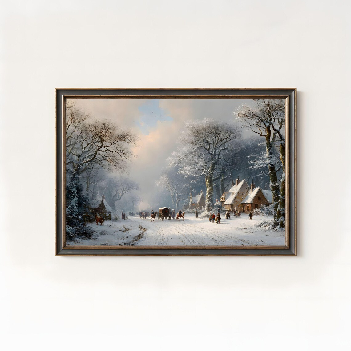 Winter Village Oil Painting, Snowy Christmas Scene