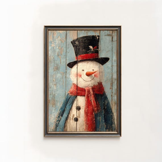 Smiling Snowman Oil Painting Top Hat Rustic Farmhouse Christmas Poster