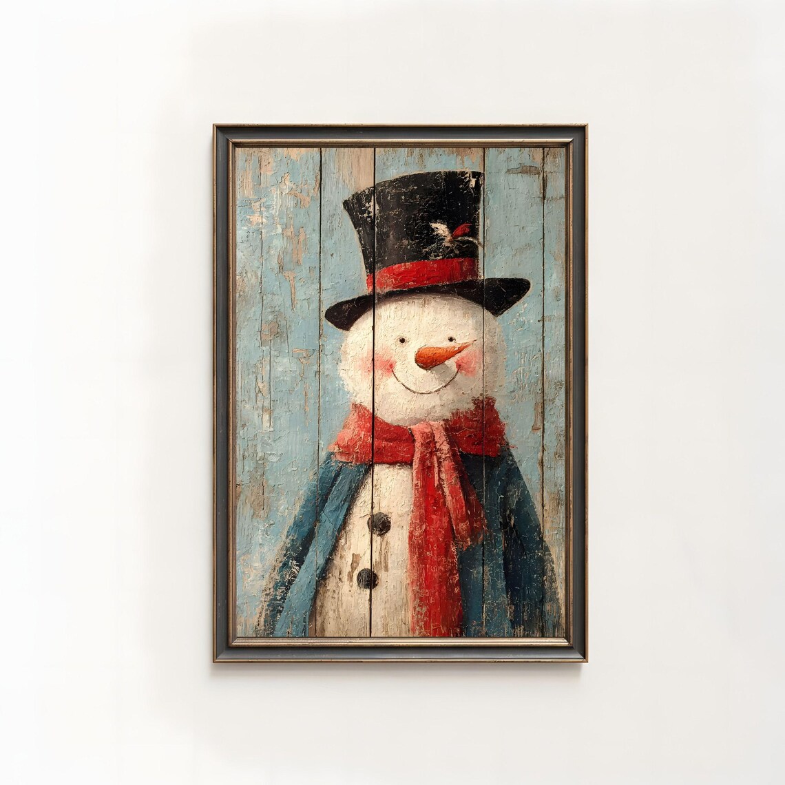 Smiling Snowman Oil Painting Top Hat Rustic Farmhouse Christmas Poster