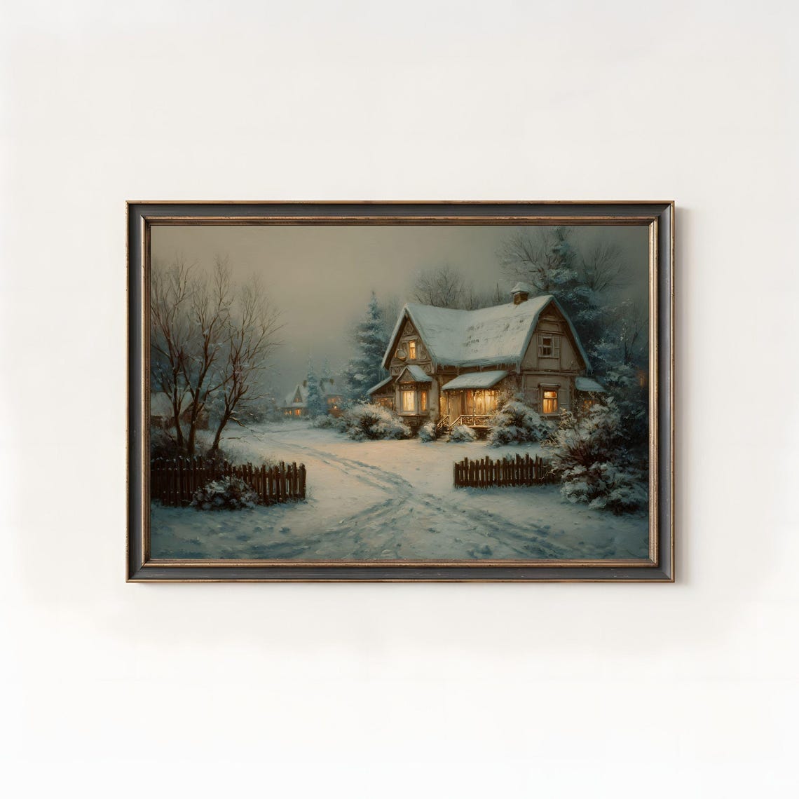 Snowy Cottage Winter Dusk Lit Windows Picket Fence Cozy Scene Art Poster