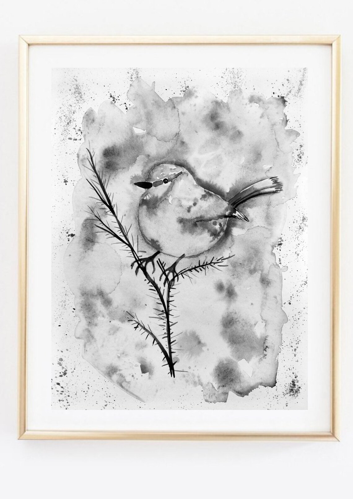 Black White Watercolor Bird On Branch Monochrome Nature Art Print - Image 3