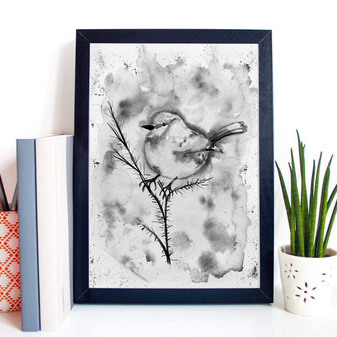 Black White Watercolor Bird On Branch Monochrome Nature Art Print - Image 2