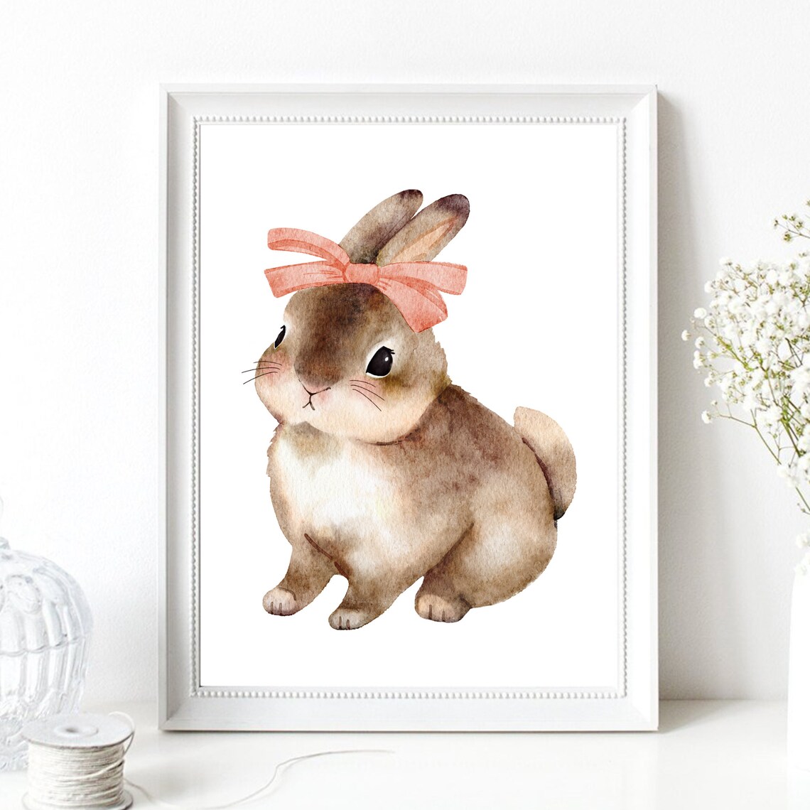 Cute Brown Bunny Wearing Pink Bow Watercolor Kids Nursery Art Print
