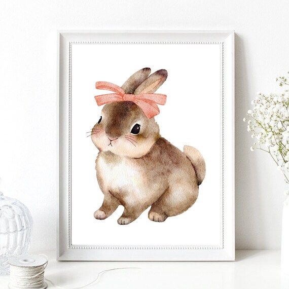 Cute Brown Bunny Wearing Pink Bow Watercolor Kids Nursery Art Print