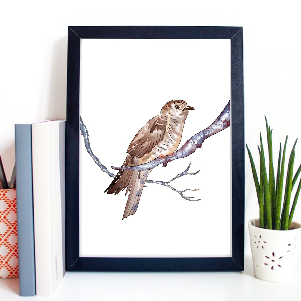 Brown Cuckoo Bird Perched on Branch Watercolor Nature Art Print