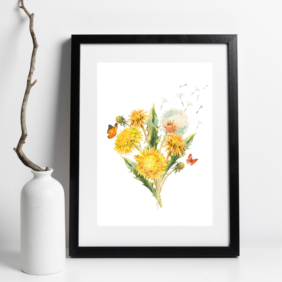 Yellow Dandelion Butterfly Bouquet Watercolor Botanical Wall Art Poster - Image 2