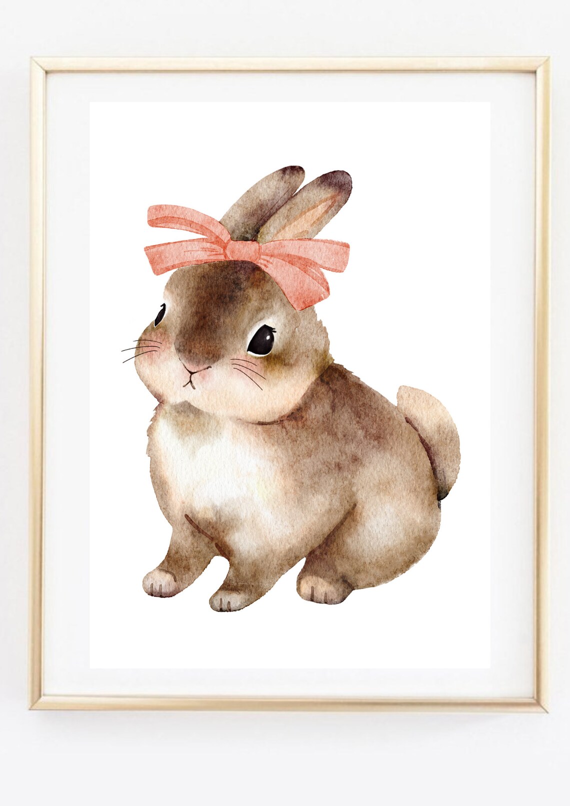 Cute Brown Bunny Wearing Pink Bow Watercolor Kids Nursery Art Print - Image 3