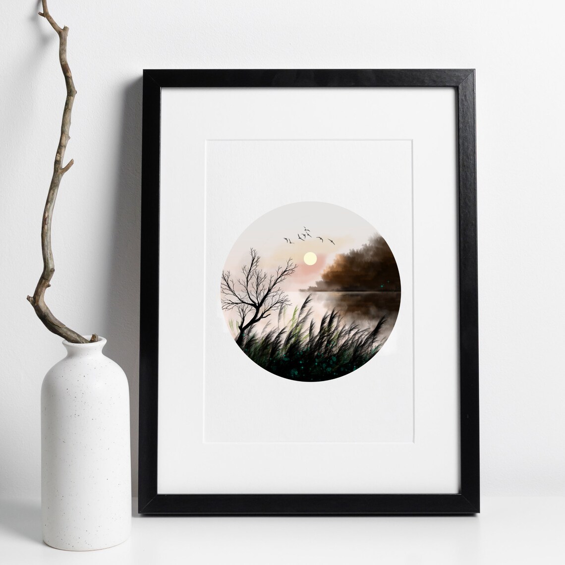 Circular Sunset Lake Birds Reeds Watercolor Round Nature Art Print - Image 2